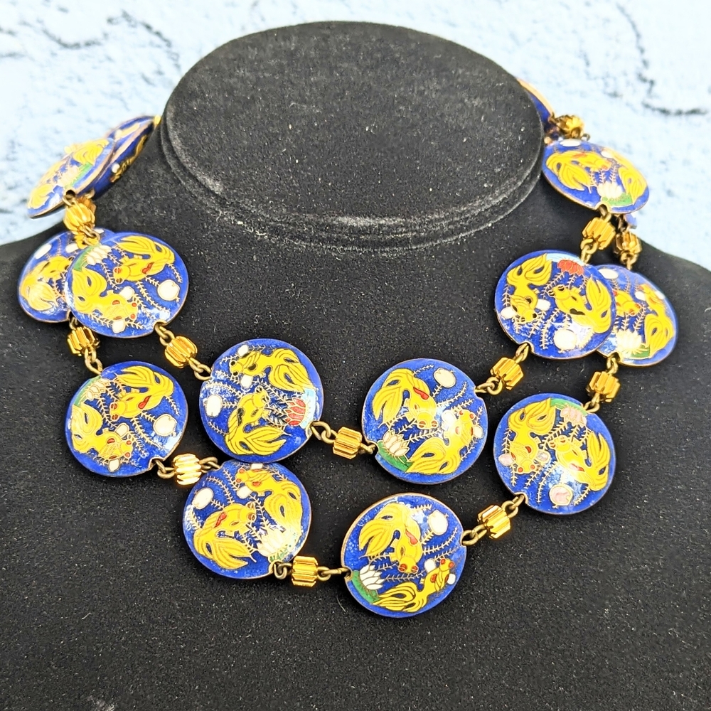 Vintage Blue Goldfish Cloisonne Necklace